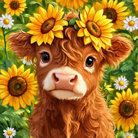 Hochlandkalb mit Sonnenblumen Diamond Painting