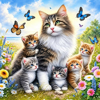 Katzenfamilie mit Schmetterlingen Diamond Painting