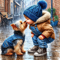 Kind mit Hund im Winter Diamond Painting