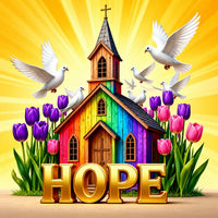 Kirche mit Tulpen und Tauben Diamond Painting