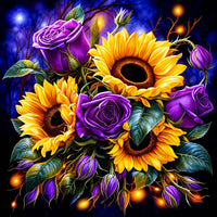 Sonnenblumen und lila Rosen Diamond Painting