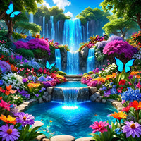 Wasserfall mit Blumen und Schmetterlingen Diamond Painting